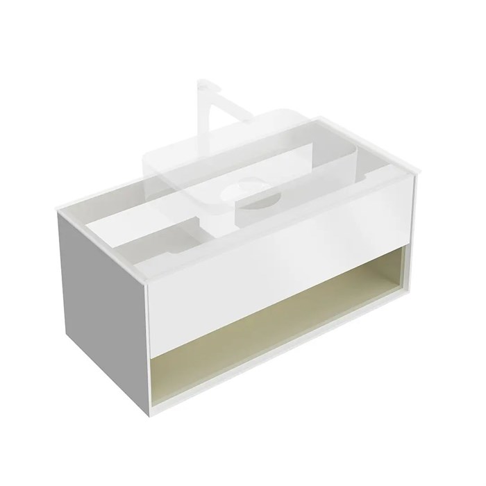 KMPMCb100MSg1 Тумба Plaza Modern/Плаза Модерн подвесная 100, нажимное открывание, 1 ящик, подсветка, белая матовая+шалфей - фото 132296